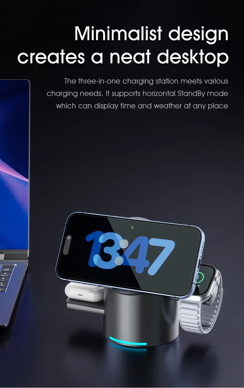 Qi2 Magnetic Wireless Charger — 3-in-1 Fast Charging Stand | 15W for iPhone, Android, Apple Watch & AirPods
