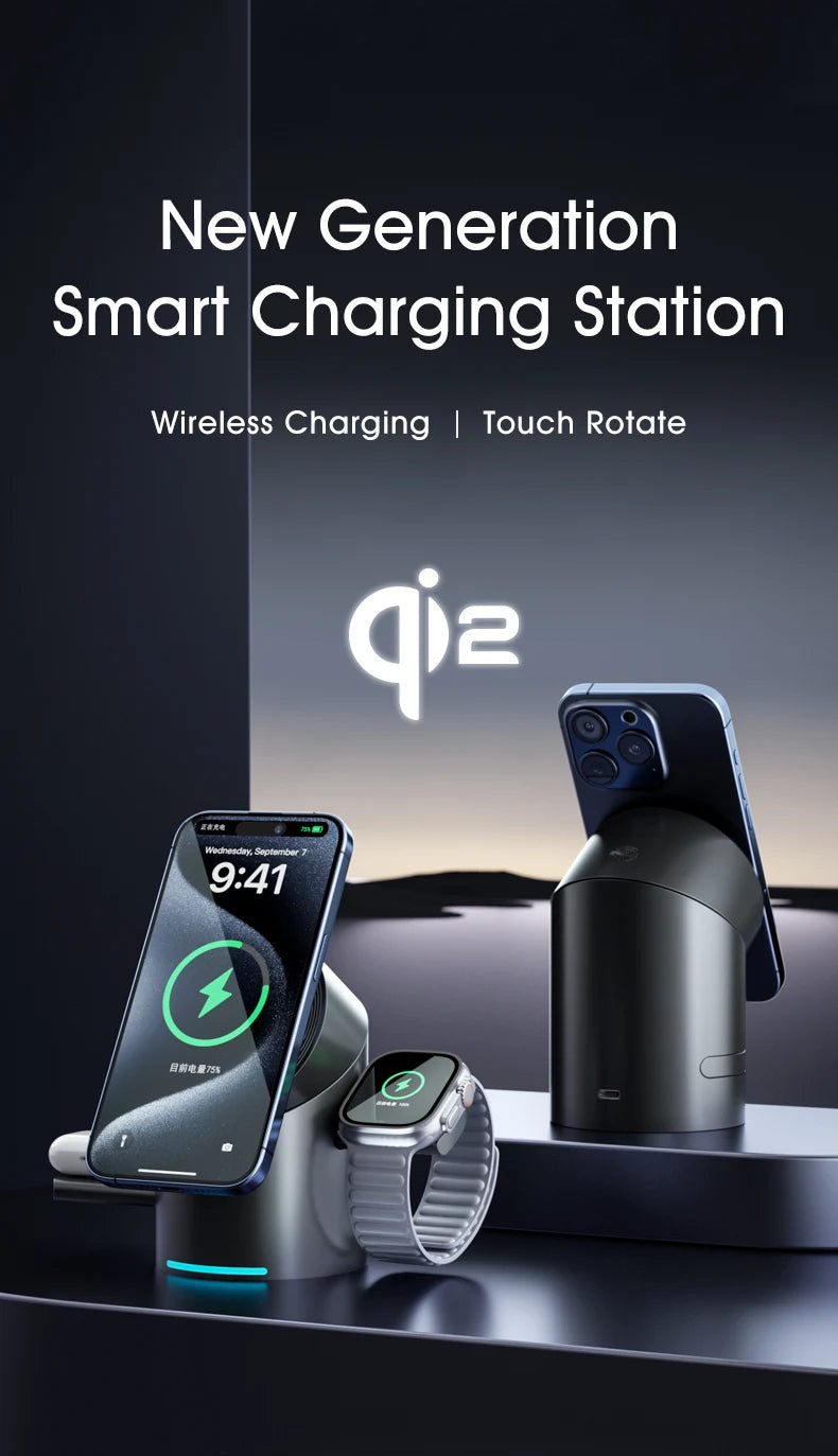 Qi2 Magnetic Wireless Charger — 3-in-1 Fast Charging Stand | 15W for iPhone, Android, Apple Watch & AirPods