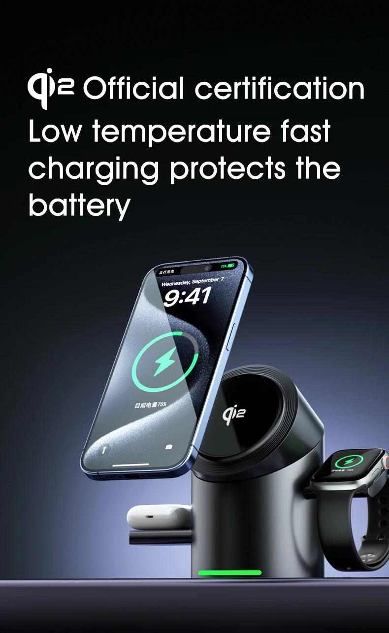 Qi2 Magnetic Wireless Charger — 3-in-1 Fast Charging Stand | 15W for iPhone, Android, Apple Watch & AirPods