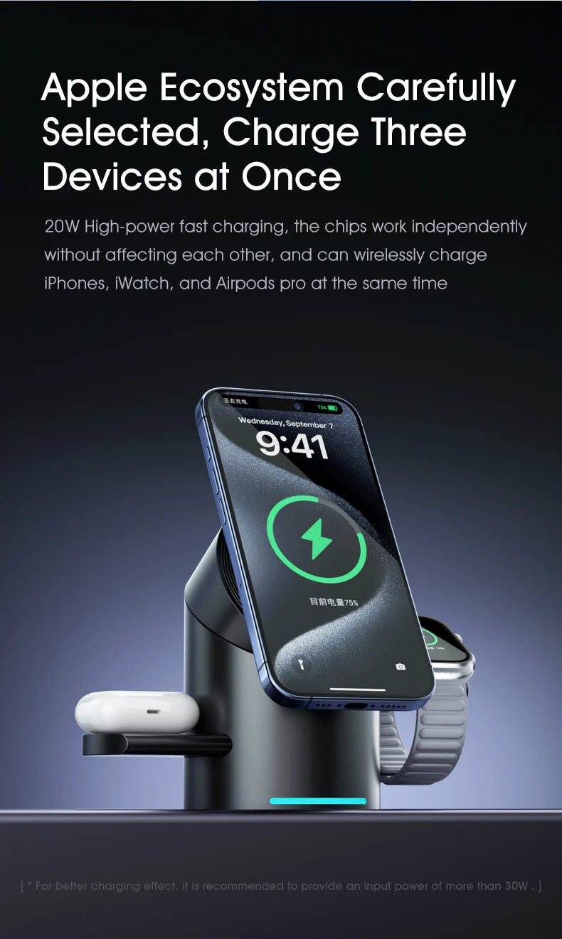 Qi2 Magnetic Wireless Charger — 3-in-1 Fast Charging Stand | 15W for iPhone, Android, Apple Watch & AirPods
