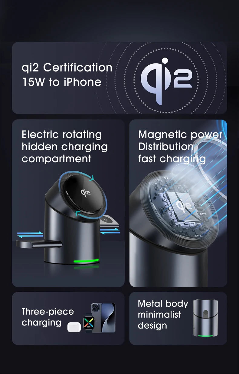 Qi2 Magnetic Wireless Charger — 3-in-1 Fast Charging Stand | 15W for iPhone, Android, Apple Watch & AirPods