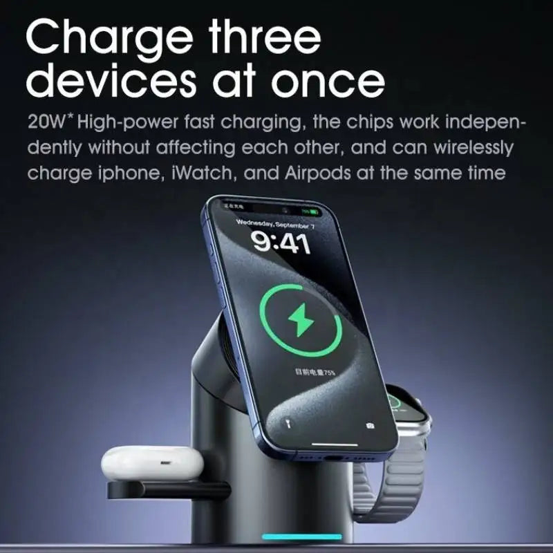 Qi2 Magnetic Wireless Charger — 3-in-1 Fast Charging Stand | 15W for iPhone, Android, Apple Watch & AirPods
