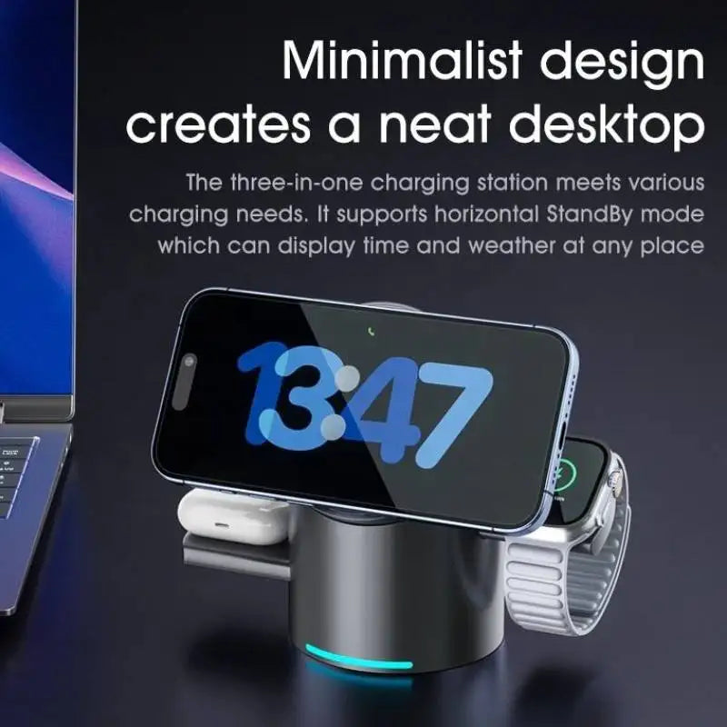 Qi2 Magnetic Wireless Charger — 3-in-1 Fast Charging Stand | 15W for iPhone, Android, Apple Watch & AirPods