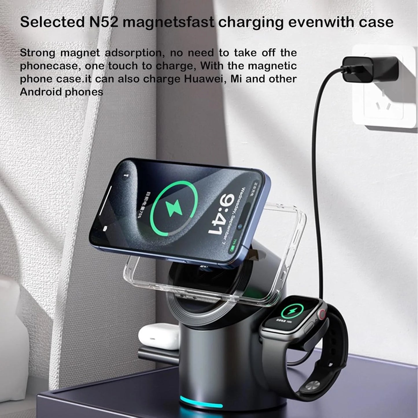 Qi2 Magnetic Wireless Charger — 3-in-1 Fast Charging Stand | 15W for iPhone, Android, Apple Watch & AirPods
