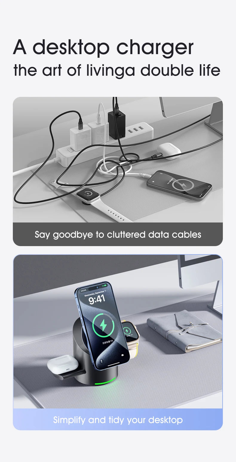 Qi2 Magnetic Wireless Charger — 3-in-1 Fast Charging Stand | 15W for iPhone, Android, Apple Watch & AirPods