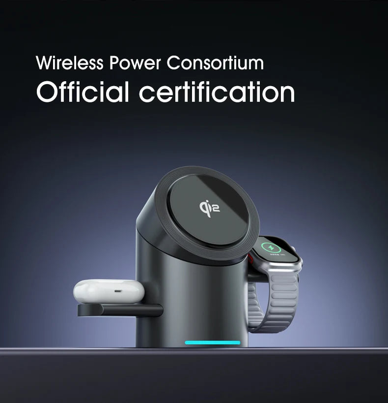 Qi2 Magnetic Wireless Charger — 3-in-1 Fast Charging Stand | 15W for iPhone, Android, Apple Watch & AirPods